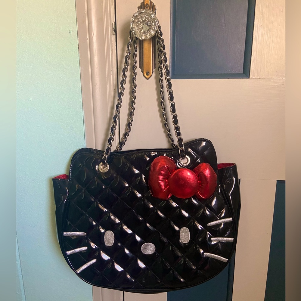 Loungefly Hello Kitty black patent leather quilted purse with chain strap